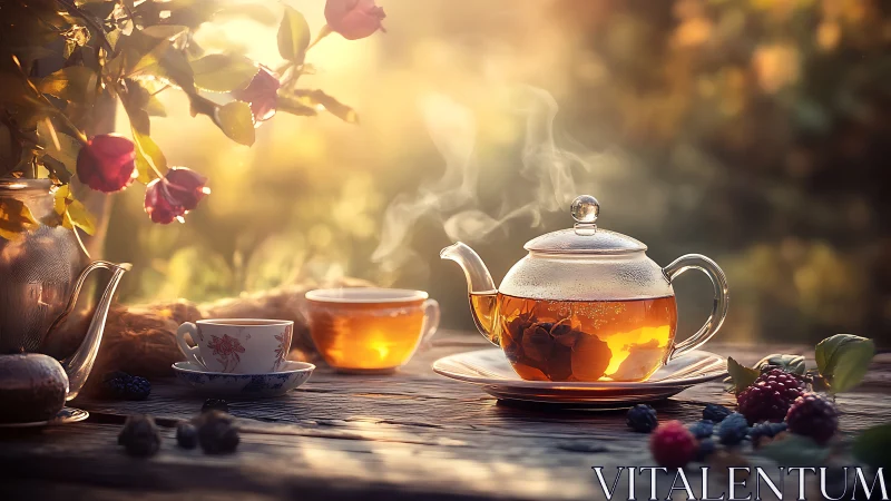 Sunlit glass teapot with herbal tea on rustic garden table.