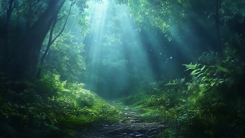Misty forest path illuminated by divine rays of light.