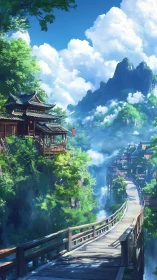 Mountain bridge and hillside temples in stylized landscape.
