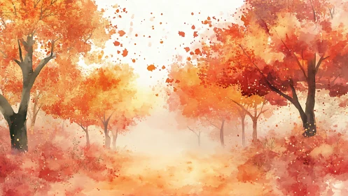 Golden autumn path glows softly in a dreamy watercolor forest