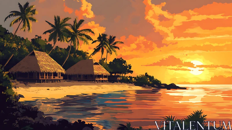 Tropical beach huts glow under vivid orange sunset sky