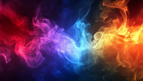 Colorful swirling smoke dances between fire and cool light