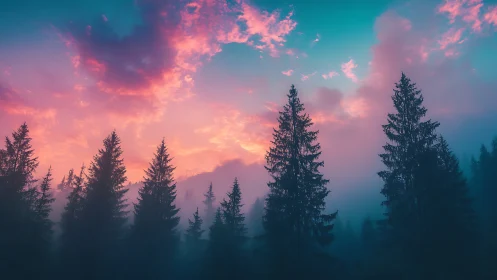 Coniferous Forest Silhouettes Against Sunset Sky