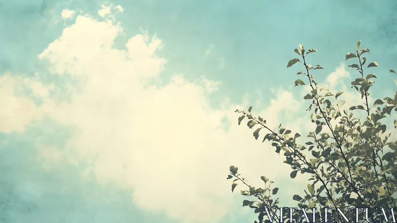Vintage-style tree branches against soft blue sky with clouds.