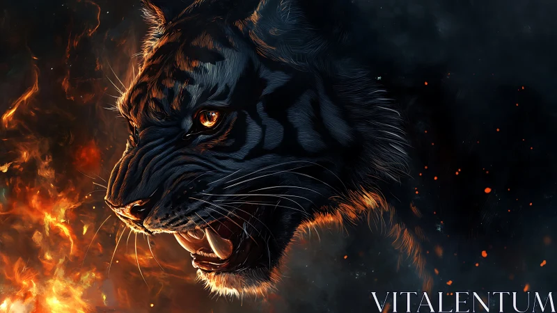 Ember-fanged tiger roaring through charcoal stormfire.