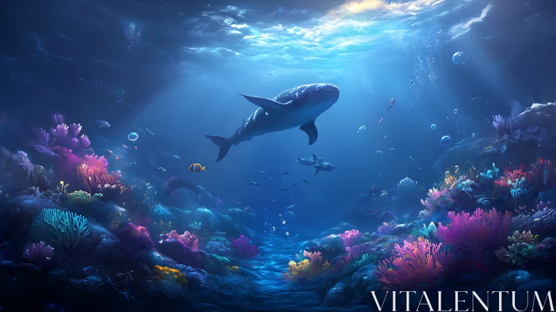 Whale glides above glowing coral reef in deep blue seascape