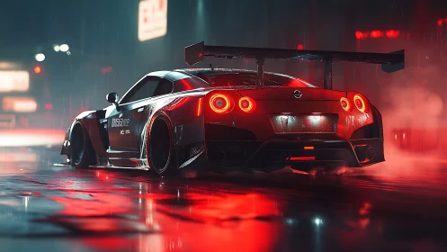 Widebody GT-R in neon rain, rear three quarter, track prepped