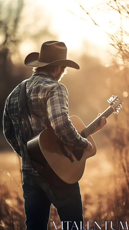 Country guitarist silhouetted at golden hour in field.