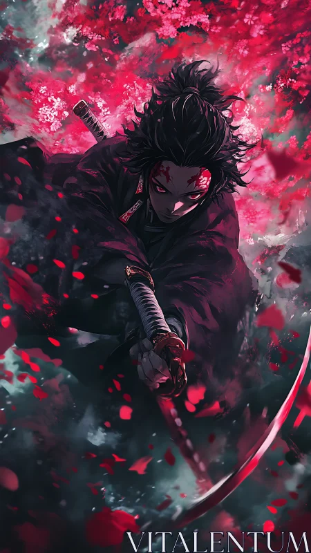 Crimson petals swirl around a focused anime swordsman.