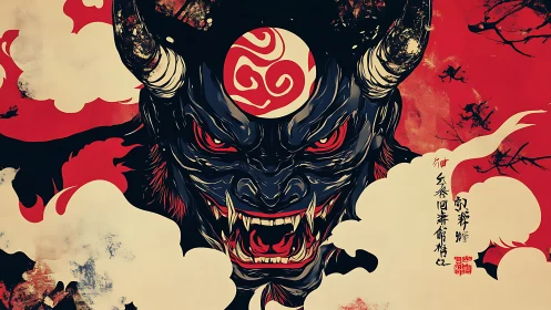 Ferocious horned demon mask with swirling red symbol