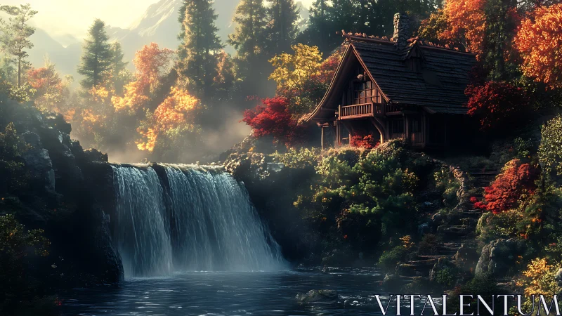 Autumn waterfall refuge cradles a hidden storybook cabin.
