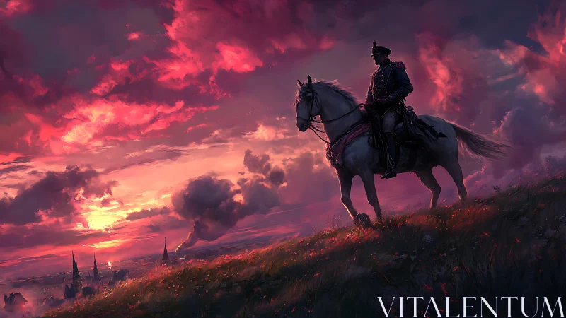Mounted officer overlooking city under crimson sunset sky.