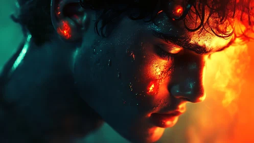 Biothermal portrait with volumetric firelight reflections.