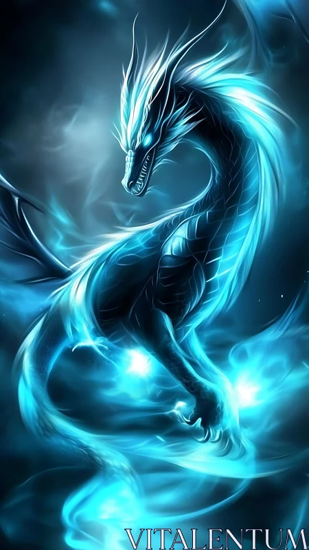 Luminous blue dragon coils in swirling ethereal light.