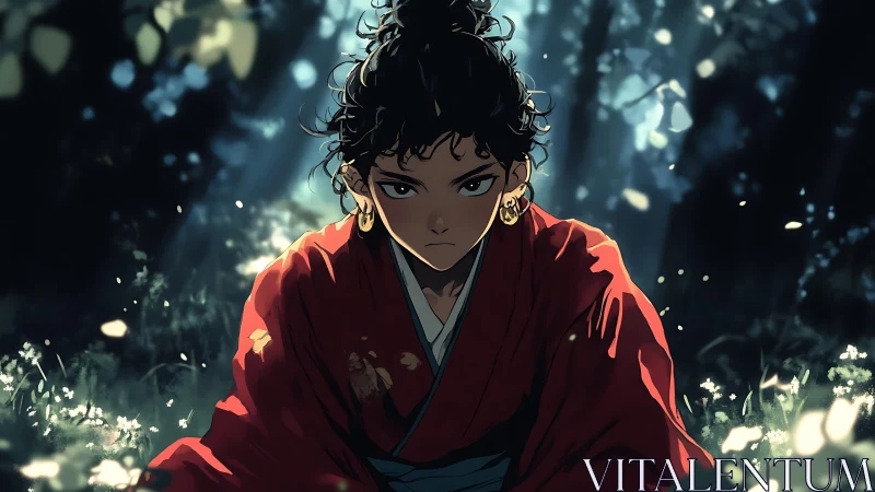 Warrior in red robe kneels in sunlit forest clearing