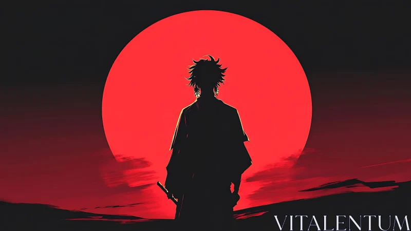 Lone samurai silhouette stands before massive red sun