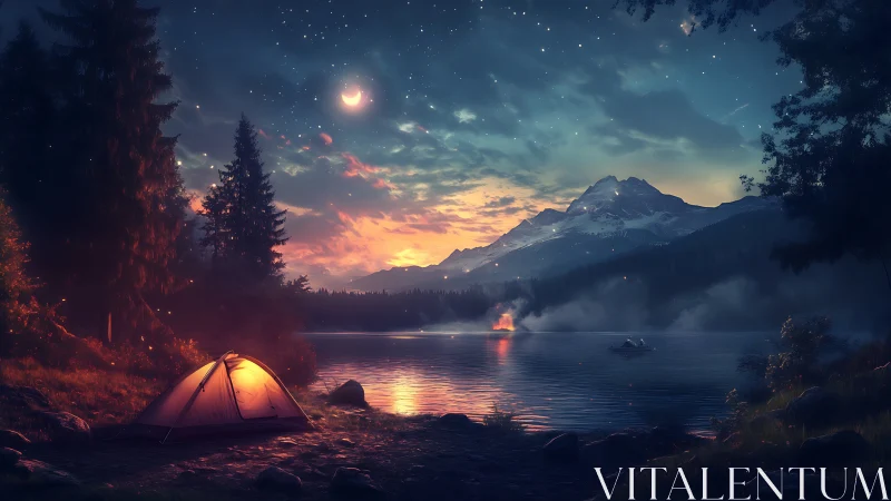 Starlit lake camp glows beneath a whispering mountain sky.