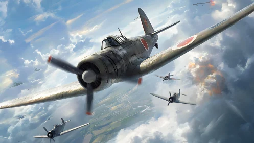 World War II fighter planes in aggressive aerial combat scene.
