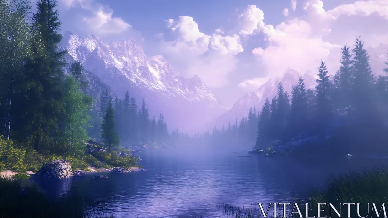 Misty alpine lake with pine forest and distant peaks.