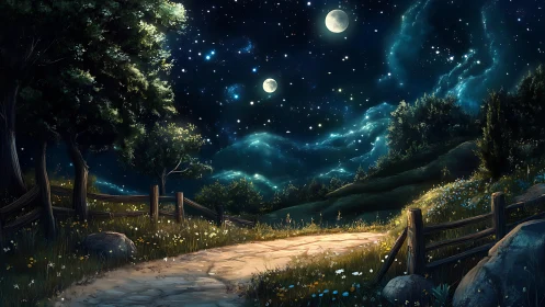 Dual-moon nocturnal landscape with luminous starfield skyscape.