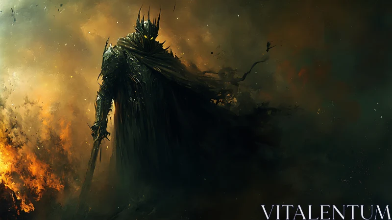 Shadow crowned warlord walking through stormlit embers.