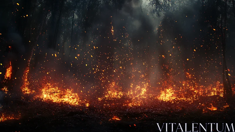 Inferno's Dance: Where Embers Waltz Through Darkened Forest