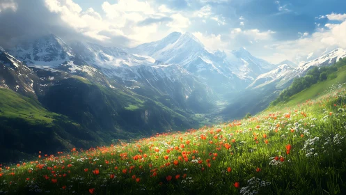 High dynamic range alpine valley with sunlit wildflower meadow foreground