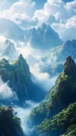 Misty emerald mountain valley under soft cinematic skylight.