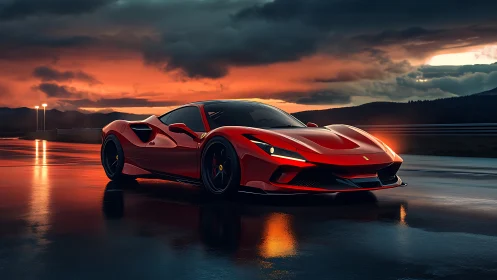 Sleek red supercar glowing against a dramatic sunset sky.