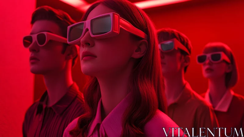 Group of Young Adults in 3D Glasses Under Neon Red Light, Futuristic Style.
