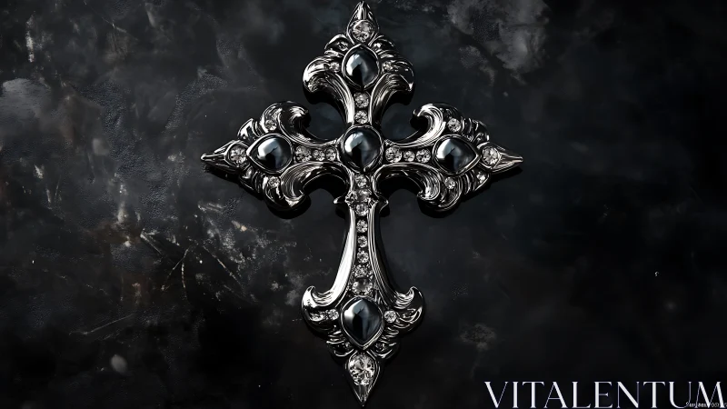 Baroque silver cross with dark cabochon gems on black marble.