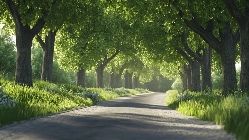 Sunlit country road under lush green tree canopy.