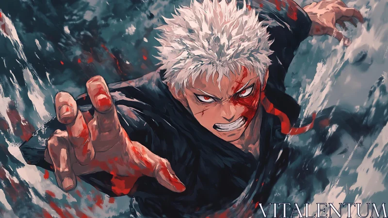 White haired anime fighter in forward motion with bloodstains.