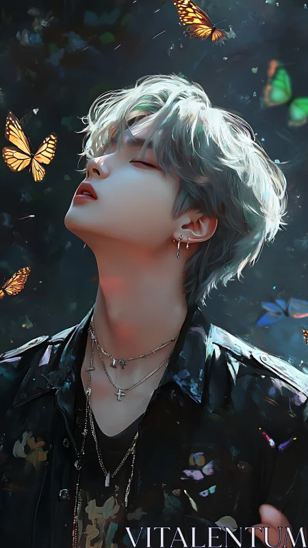 Androgynous figure meets glowing butterflies in dusk forest.