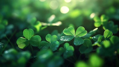 Morning dew on vibrant clover leaves in soft sunlight.