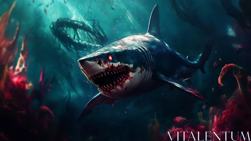 Demonic deep-sea shark glides through bloody abyssal waters.