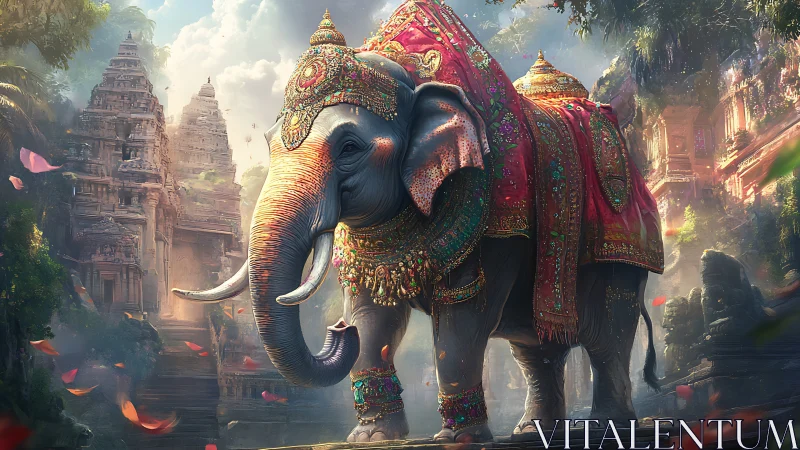 Regal temple elephant wrapped in shimmering festival silks.