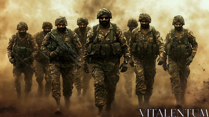 Duststorm soldiers stride through battle-tinted horizon.