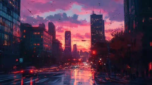 City street at dusk with glowing towers and wet roadway.
