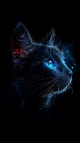 Neon-Lit Cat Portrait with Blue and Red Light Effects