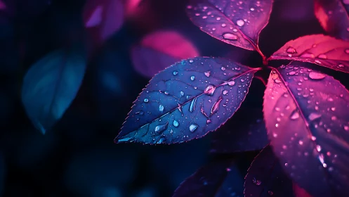 Neon drenched rose leaves under glistening raindrops.