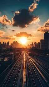 Sunlit rail lines cut through dense urban skyline at dusk.