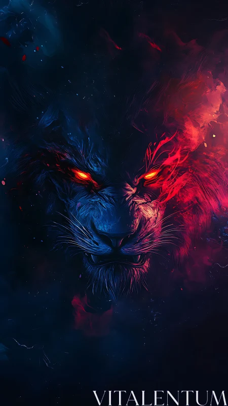 Bicolor spectral lion portrait merges neon fire and shadow