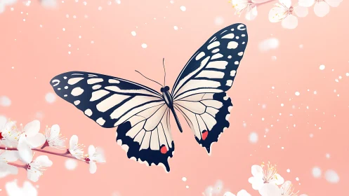 Butterfly with pale wings over soft pink sakura background.