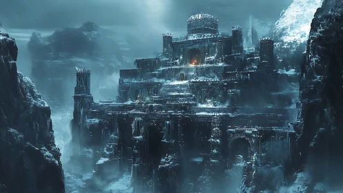 Fortified tiered ice citadel carved into glacial canyon walls