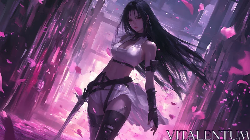 Sword-wielding anime warrior strides through swirling petals.