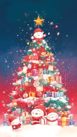 Vertically framed kawaii Christmas tree packed with stylized gifts