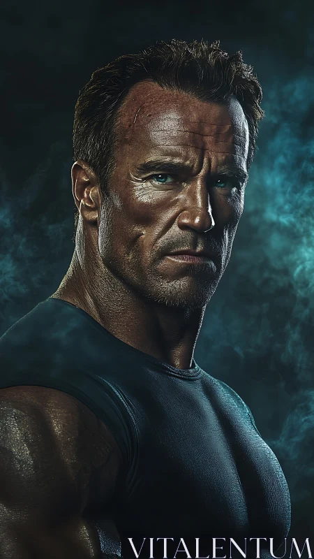 Muscular male portrait in dark studio with side lighting.