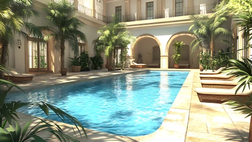 Sunlit Mediterranean courtyard pool with lush palms and loungers.