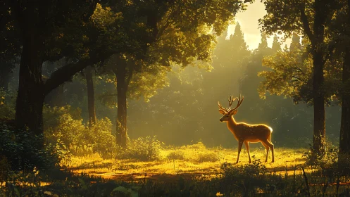 Sunlit stag standing in golden forest clearing at dawn.